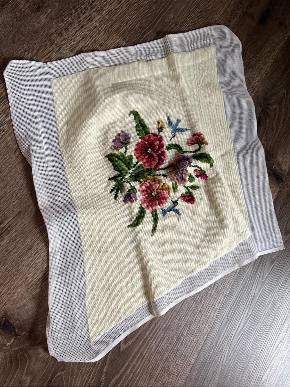 Hand-Embroidered Stitched Needlepoint Floral Wall Art in Pink and Green NEW
